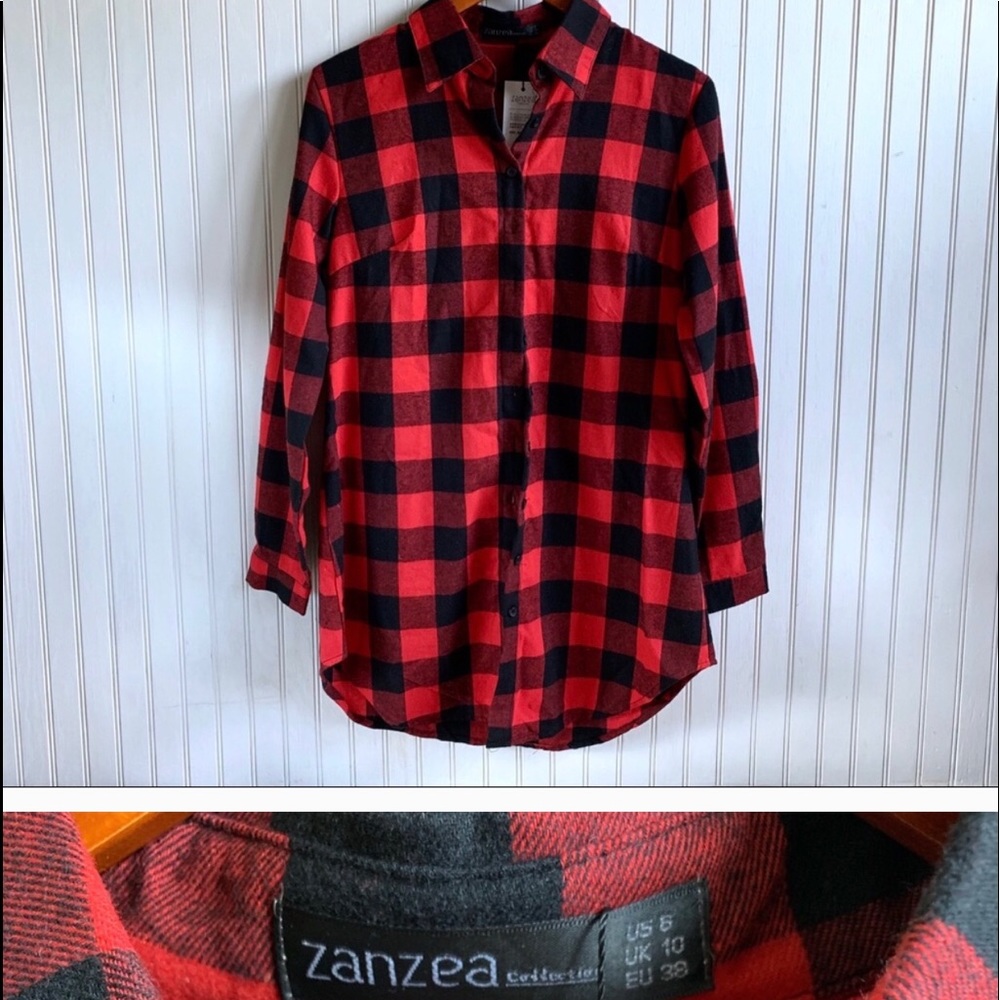 ZANZEA | Red & Black Plaid Tunic/Sleep Shirt